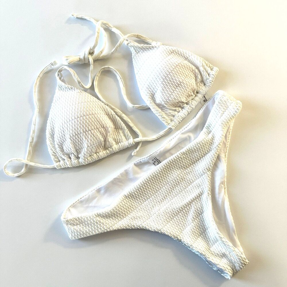 white textured bikini with sarong 3 piece womens large resort swimwear beachclub